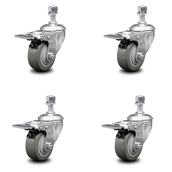 Service Caster 3 Inch Gray Polyurethane Swivel 1/2 Inch Stem Caster Set with Total Lock Brake SCC-TSTTL20S314-PPUB-121315-4 - main